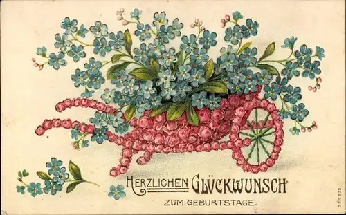 Präge Litho Glückwunsch Geburtstag, Schubkarre aus Rosenblüten, Vergissmeinnicht