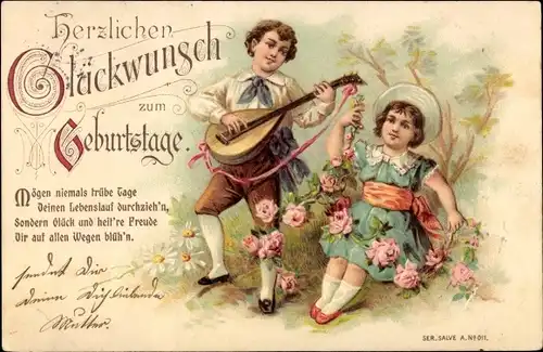 Präge Litho  Glückwunsch Geburtstag, Junge mit Laute, Mädchen mit Rosenblüten
