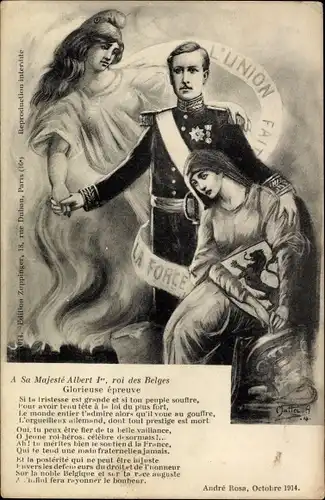 Künstler Ak König Albert I. von Belgien, L'Union fait la force, Allegorie, Frankreich