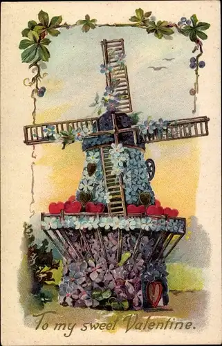 Präge Ak Valentinstag, To my sweet Valentine, Windmühle, Vergissmeinnicht, Veilchen