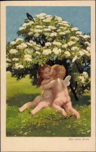 Künstler Ak Der erste Kuss, küssende Engel