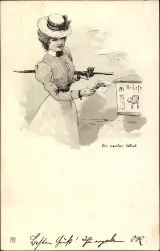 Litho Ein zarter Wink, Frau wirft Brief in Briefkasten