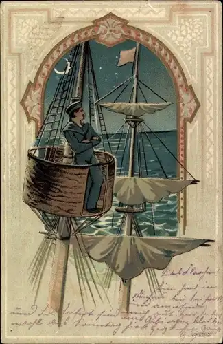 Präge Litho Seemann auf dem Ausguck im Mondschein