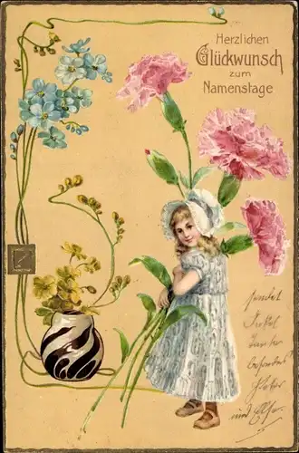 Präge Litho Glückwunsch Namenstag, Mädchen, Nelken, Vergissmeinnichtblüten