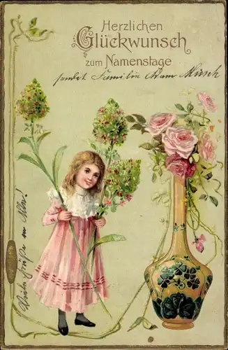 Präge Litho Glückwunsch Namenstag, Mädchen, Rosen, Blumenvase