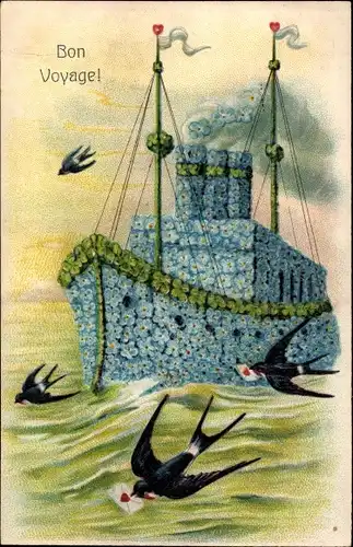 Präge Ak Dampfer aus Vergissmeinnichtblüten, Schwalben, Kleeblätter