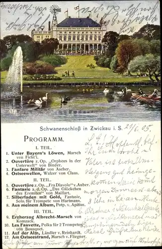 Ak Zwickau in Sachsen, Schwanenschloss, Teich, Fontäne, Konzertprogramm