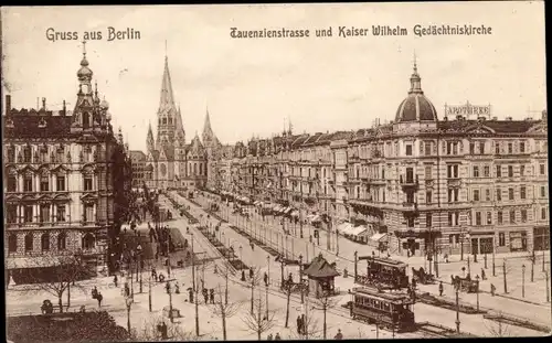 Ak Berlin Charlottenburg, Tauentzienstraße, Kaiser Wilhelm Gedächtniskirche, Straßenbahn, Apotheke