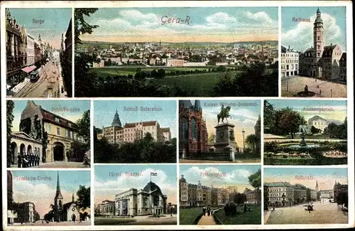 Ak Gera in Thüringen, Panorama, Sorge, Rathaus, Schloss Osterstein, Trinitatiskirche, Prinzenplatz