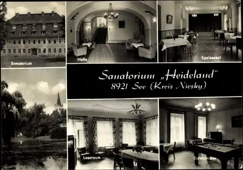 Ak See Niesky in der Oberlausitz, Sanatorium Heideland, Spielzimmer, Billard, Kirche