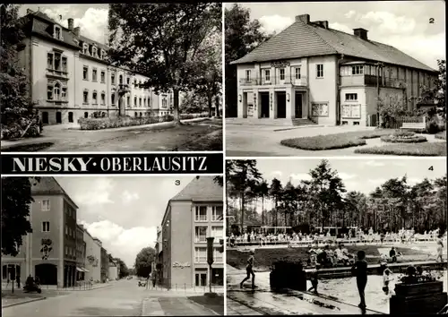 Ak Niesky in der Oberlausitz, Krankenhaus, Schauburg Lichtspiele, Neubauten am Zinzendorfplatz, Bad