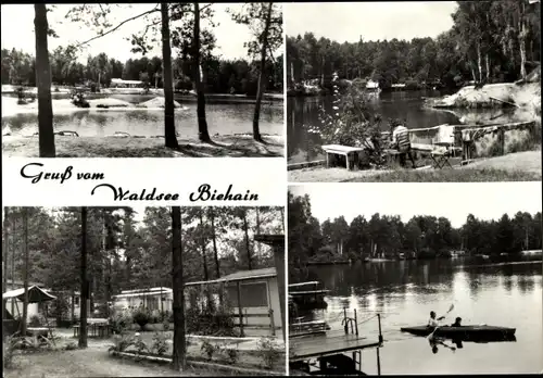 Ak Biehain Horka in der Oberlausitz, Waldsee, Ruderboot, Naherholungsgebiet