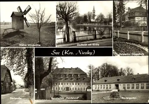 Ak See Niesky in der Oberlausitz, Kleine Windmühle, POS, Kindergarten, Sanatorium Heideland