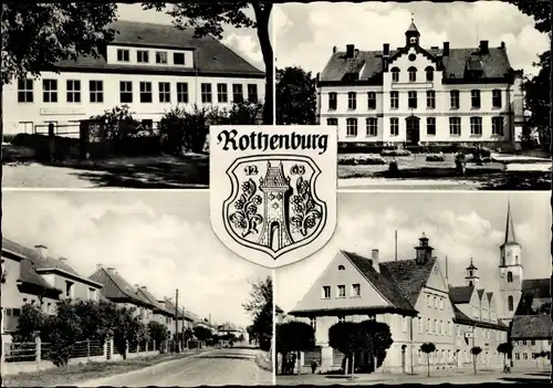 Ak Rothenburg in der Oberlausitz, Neue Schule, Martin-Ulbrich-Haus, Rathaus, Ev. Kirche, Wappen