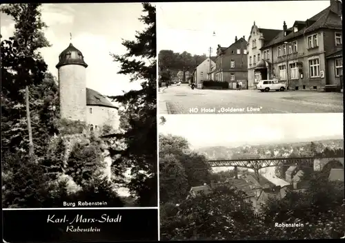 Ak Karl Marx Stadt Chemnitz in Sachsen, Burg Rabenstein, HO Hotel Goldener Löwe, Rabenstein