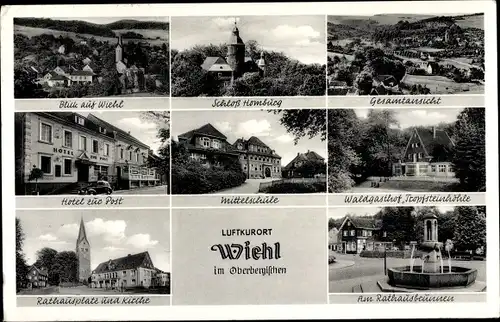 Ak Wiehl Oberbergischer Kr., Waldgasthof Tropfsteinhöhle, Hotel z. Post, Mittelschule, Rathausplatz