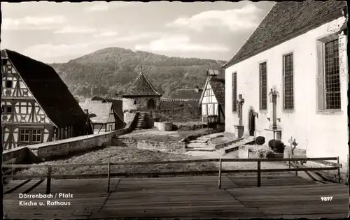 Ak Dörrenbach an der Weinstraße Pfalz, Kirche und Rathaus