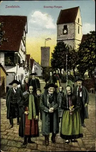 Ak Zavelstein im Schwarzwald Württemberg, Sonntag-Morgen, Kirchgänger