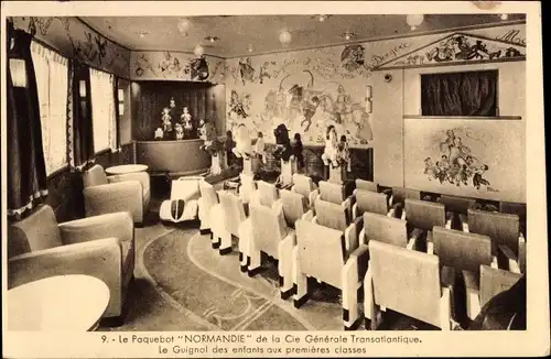 Ak Paquebot Normandie, CGT French Line, Le Guignol des enfants aux 1res classes, Kaspertheater