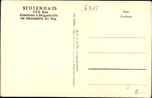 Ak Schmiedefeld am Rennsteig Suhl Thüringen, Stutenhaus, Ferienheim und Berggaststätte VEB Zeiss