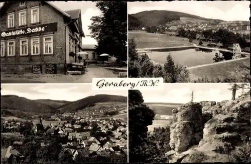 Ak Geraberg in Thüringen, Gaststätte Hasse, Blick auf den Ort mit Umgebung, Freibad, Felspartie