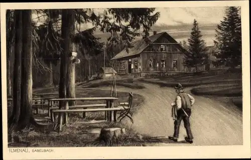 Künstler Ak Ilmenau in Thüringen, Gabelbach, Waldhütte