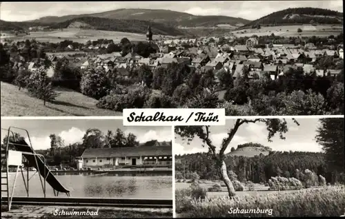 Ak Schalkau Thüringen, Blick auf den Ort, Schwimmbad mit Rutsche, Schaumburg