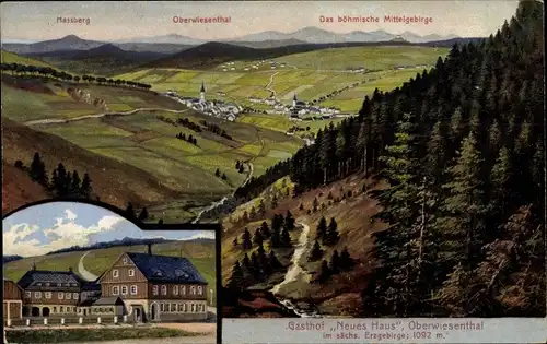 Ak Oberwiesenthal im Erzgebirge Sachsen, Gasthof Neues Haus, Blick auf den Ort mit Umgebung