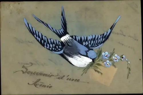 Zelluloid Ak Schwalbe, Vergissmeinnicht, Kitsch