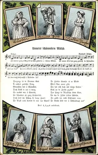 Lied Künstler Ak Schneider, Rud., Unnere schännsten Mähd, Wilhelm Vogel, R. Ficker, Erzgebirge