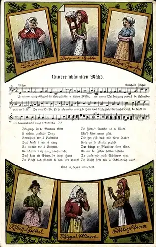 Lied Künstler Ak Schneider, Rud., Unnere schännsten Mähd, Wilhelm Vogel, R. Ficker, Erzgebirge