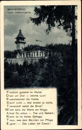 Ak Mariánské Lázně Marienbad Region Karlsbad, Cafe Forstwarte, Friedlich gebetet im Walde...
