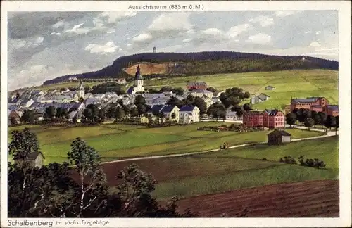 Künstler Ak Scheibenberg im Erzgebirge, Panorama, Aussichtsturm
