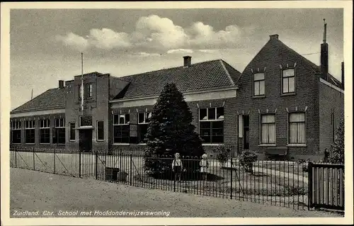 Ak Zuidland Südholland, Chr. School met Hoofdonderwijzerswoning