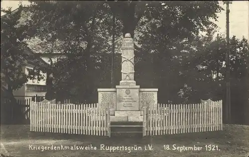 Foto Ak Ruppertsgrün Fraureuth im Vogtland Sachsen, Kriegerdenkmal, Weihe 1921