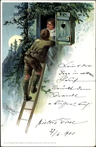 Künstler Litho Döcker, E., Mann auf der Leiter, Fensterln, Liebespaar, Mond