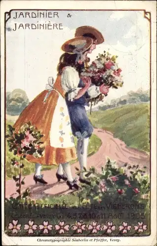 Passepartout Ak Kanton Waadt Schweiz, Jardinier & Jardiniere, Fete des Vignerons 1905