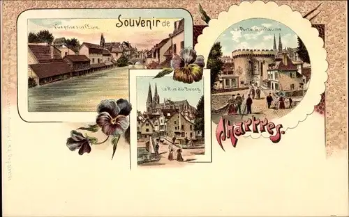 Litho Chartres Eure et Loir, La Rue du Bourg, Fluss, Stiefmütterchen