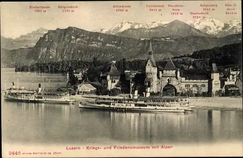 Ak Luzern Stadt Schweiz, Kriegs- und Friedensmuseum, Alpenpanorama, Dampfer