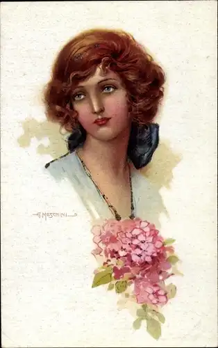 Künstler Ak Meschini, G., Frauenportrait, Blumen