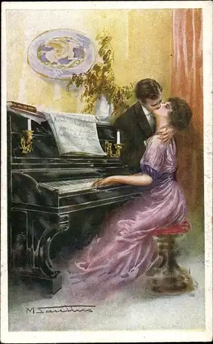 Künstler Ak Liebespaar am Klavier, Kuss