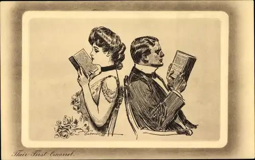 Künstler Ak Gibson, Their First Quarrel, Mann und Frau lesen mit dem Rücken zueinander