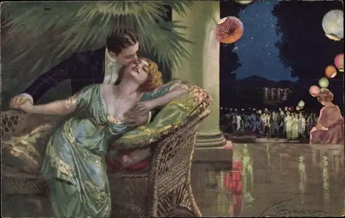 Künstler Ak Liebespaar beim Kuss, Festgesellschaft