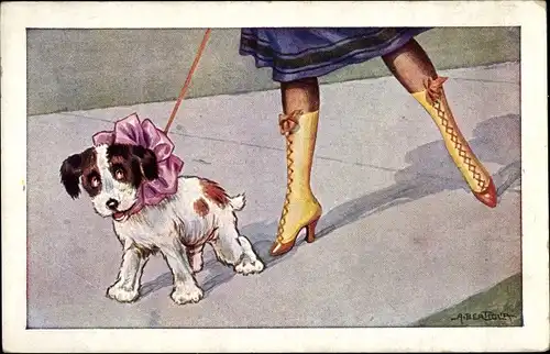 Künstler Ak Bertiglia, Aurelio, Hund an der Leine, Frauenbeine, Schnürstiefel