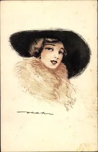 Künstler Ak Frauenportrait, Dame mit Hut, Pelzkragen