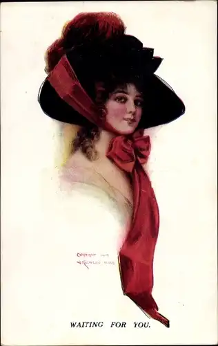 Künstler Ak Knowles, Waiting for you, Frauenportrait, Dame mit Hut, Schleife