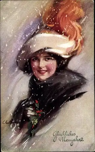 Künstler Ak Glückliches Neujahr, Frauenportrait, Schneeflocken