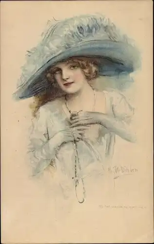 Künstler Ak Frauenportrait, Junge Frau mit Federhut, Perlenkette