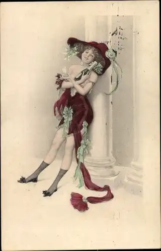 Künstler Ak Frau im Unterkleid, barbusig, Sektflasche, Strümpfe