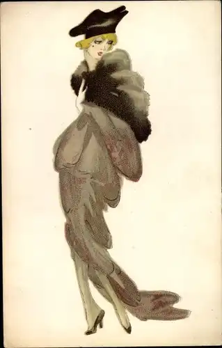 Künstler Ak Frauenportrait, Dame im langen Kleid, Pelzstola